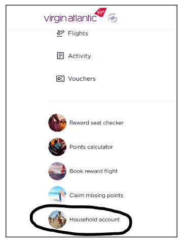 Screenshot of the Virgin Atlantic website showing where to click on "Household Account"