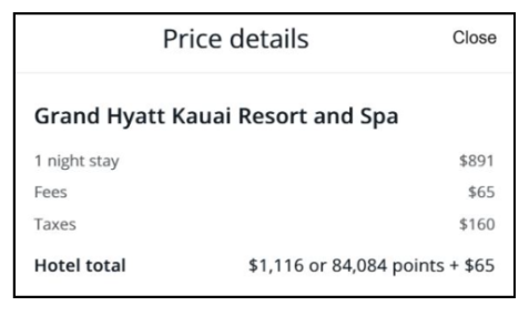 A screenshot of the price details for one night at the Grand Hyatt Kauai Resort and Spa.