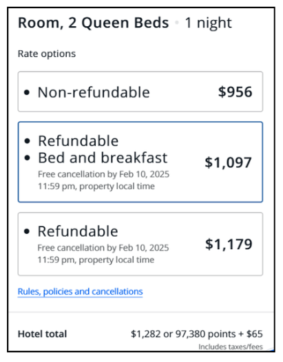 A screenshot of the different price options of the Grand Hyatt Kauai for one night using transferable points.