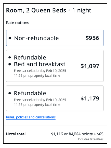 A screenshot of the different price options of the Grand Hyatt Kauai for one night.