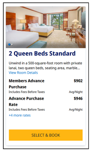 A screenshot of the Hyatt website's price options for a 2 Queen Beds Standard room at Grand Hyatt Kauai.