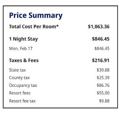 A screenshot of the price details including taxes and Fees for a one night stay at Grand Hyatt Kauai.
