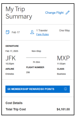 A screenshot of a one-way flight itinerary from JFK to MXP and the price it would cost if purchased through the American Express travel portal.