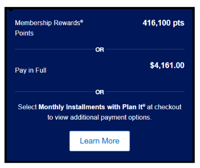 A screenshot of the points price and cash price of a one-way flight if purchased through the American Express travel portal.