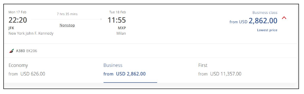 A screenshot of the price of a one-way Emirates flight showing Economy, Business, and First on February 17, 2025. Using transferable points.
