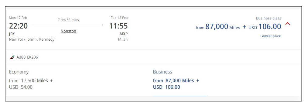 A screenshot of the points price and dollar price of taxes and fees for a one-way Emirates flight, showing economy and business amounts. Using transferable points.