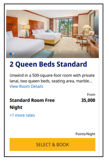 A screenshot of the Hyatt website showing the points price of a 2 Queen Beds Standard Room using transferable points.