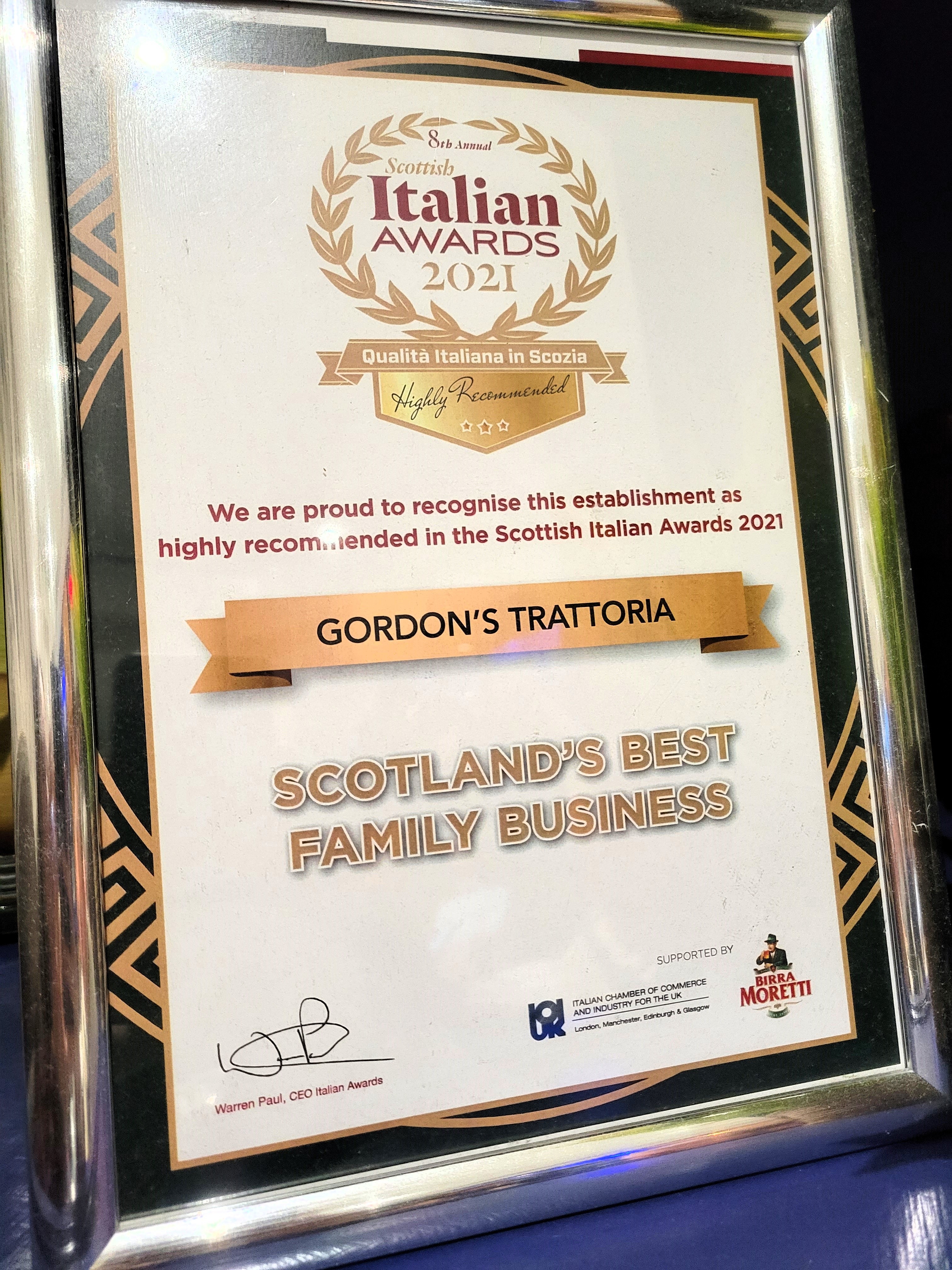 Gordon's Trattoria award for Best Family Business (Edinburgh Scotland)