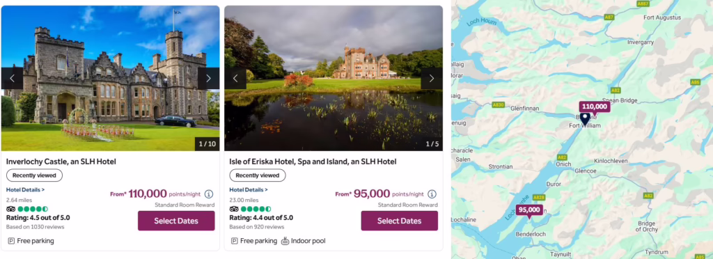 Screenshot of the two SLH properties in Scotland near Fort William for a Scotland Road Trip to Isle of Skye.