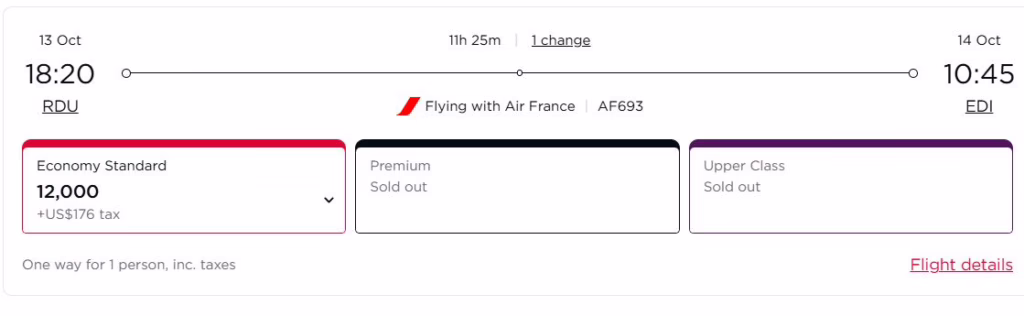 Screenshot of Virgin Atlantic website for an Air France flight from RDU to EDI.
