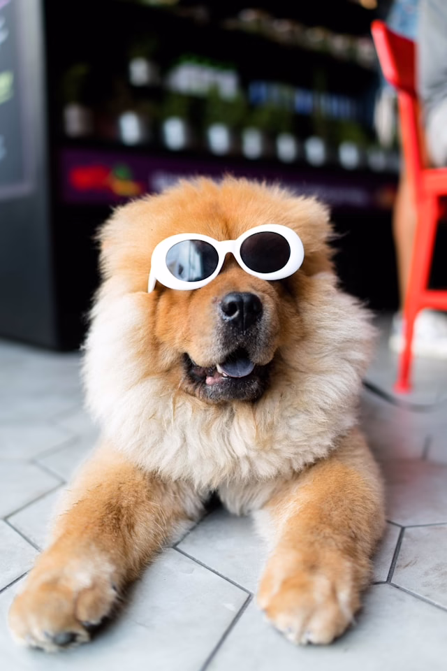 Tan bushy dog with white sunglasses.